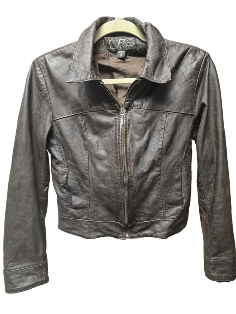 Vintage DKS PARIS Brown Leather Moto Jacket Sz. 4 Made In FRANCE